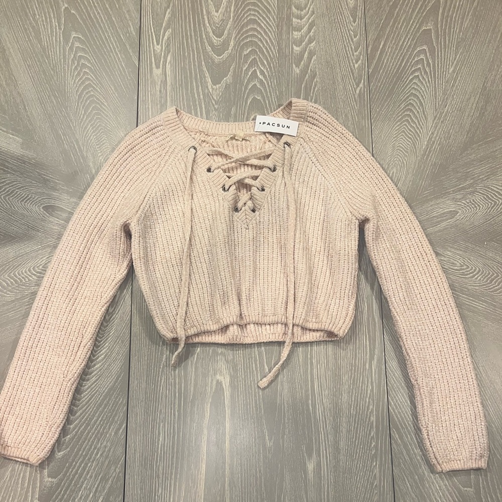 PacSun Off-White Lace-Up Cropped Sweater